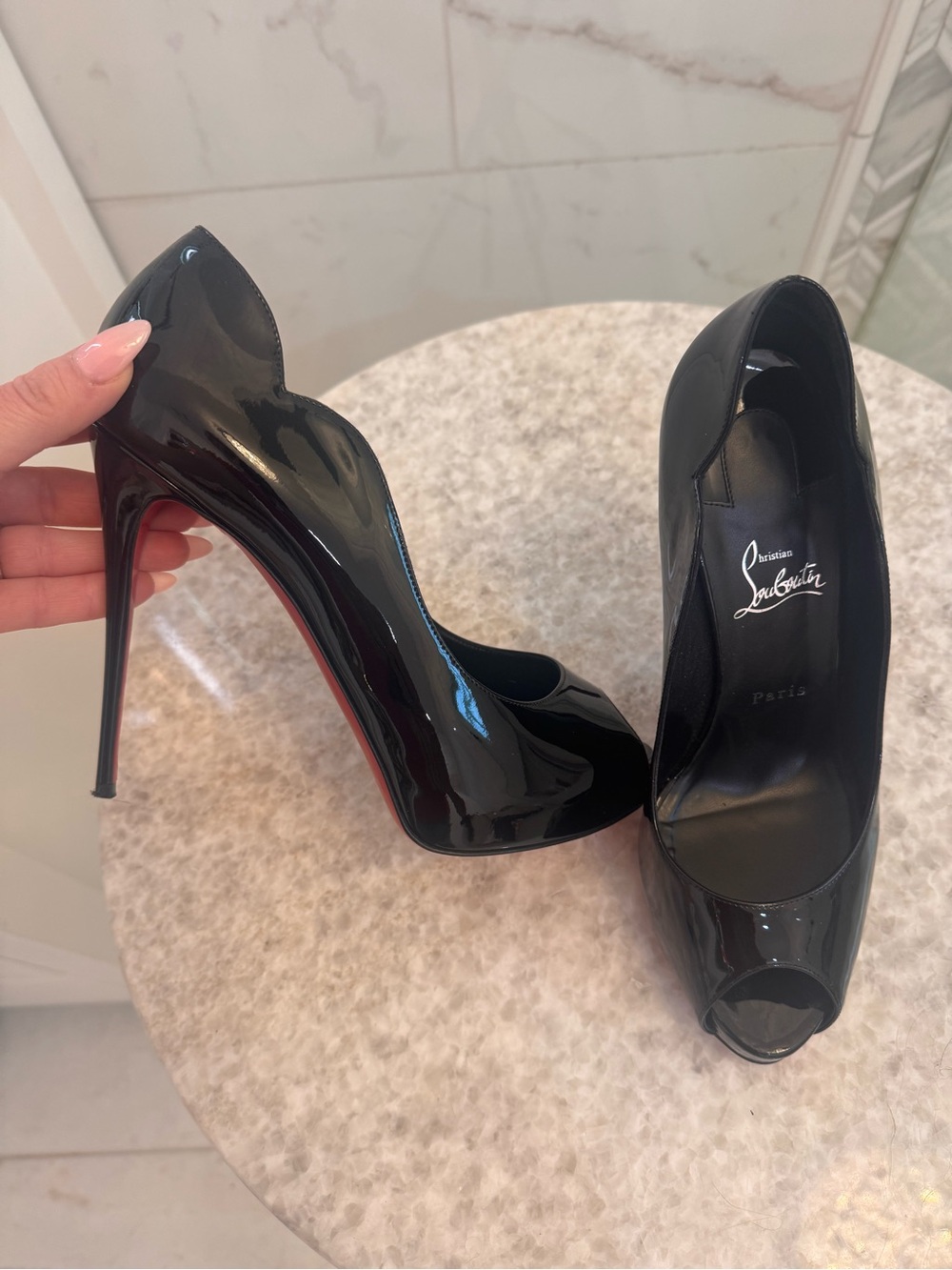Christian Louboutin Black Patent Peep-Toe Stilettos with Red Sole
